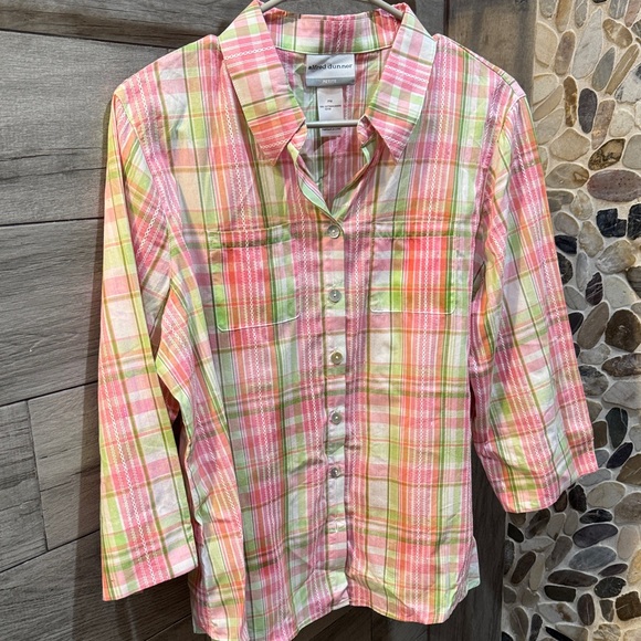 Alfred Dunner Tops - Alfred Dunner Pink, Green & White Plaid Button-Up Blouse